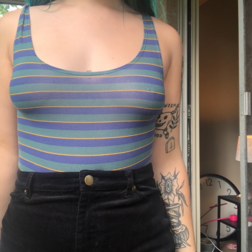 Blue and green striped bodysuit